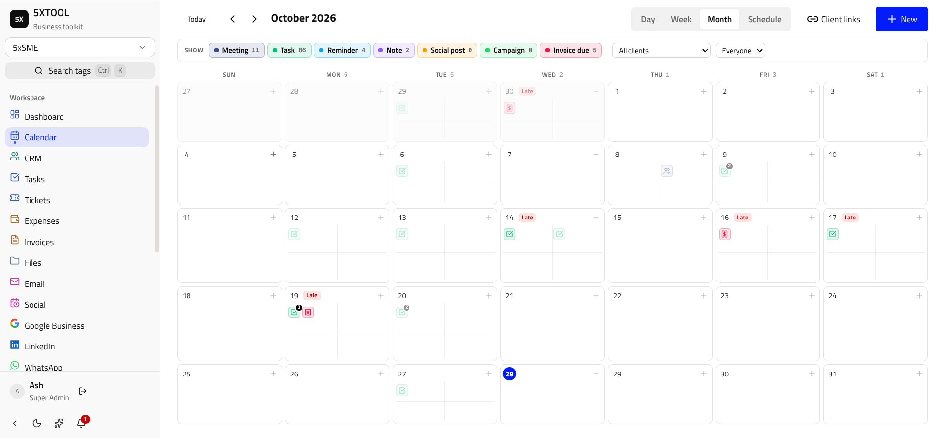 5XTOOL unified calendar showing meetings, tasks, reminders, social posts and invoice due dates