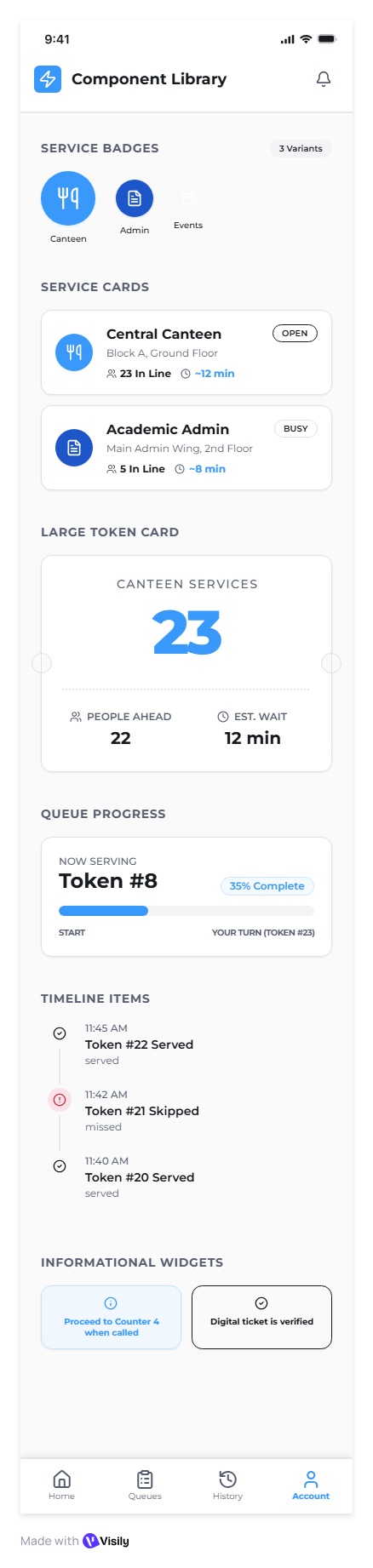 Campus Queue component library screen
