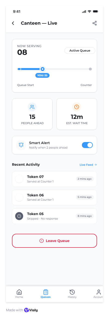 Campus Queue app live queue screen